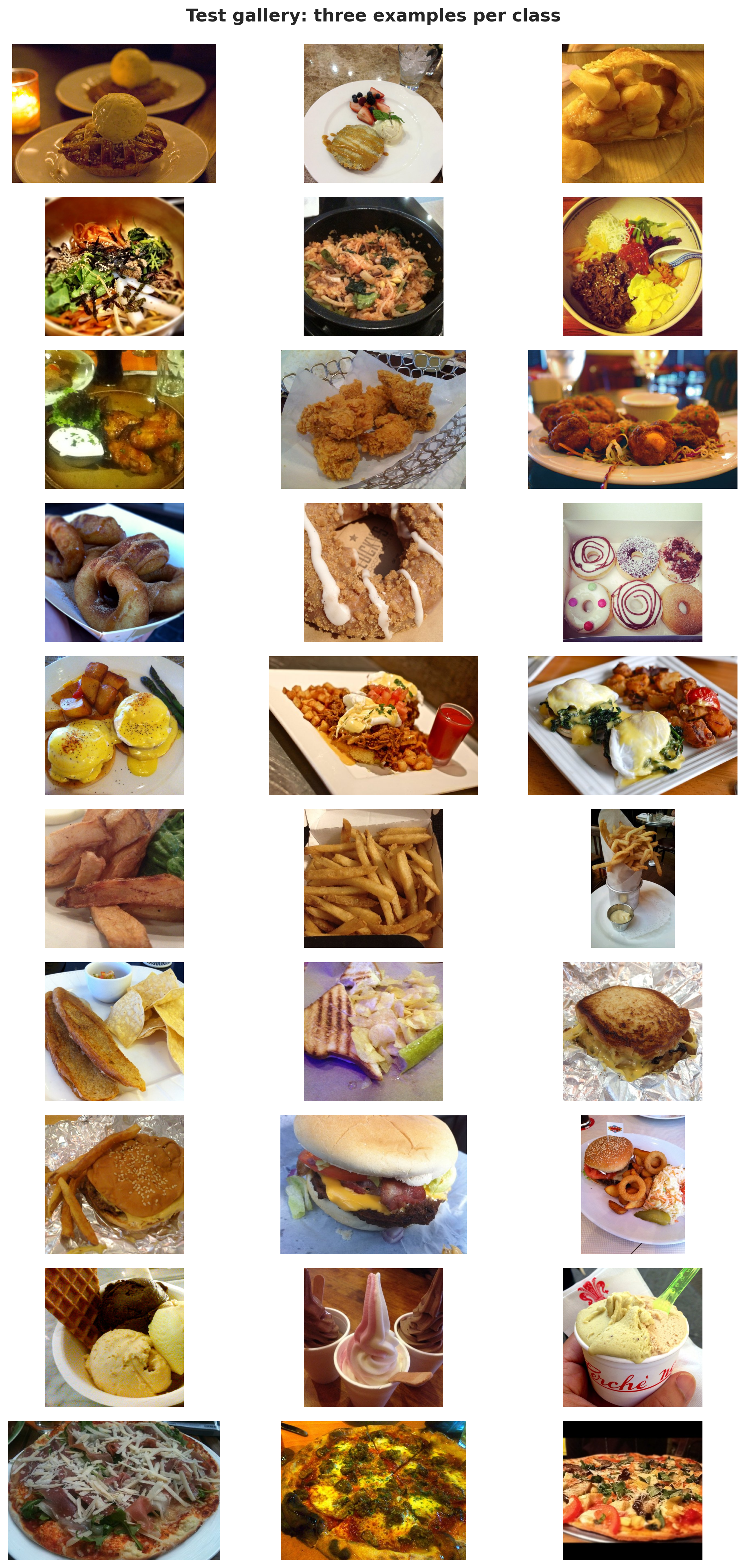 Gallery of multiple examples per selected Food101 class.
