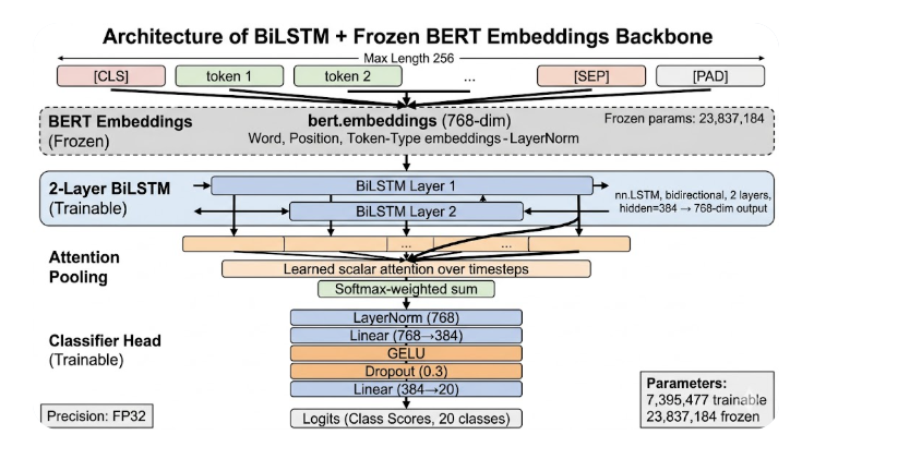 Diagram of the BiLSTM with frozen BERT embeddings